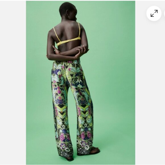 NEW Zara Satin Effect Floral Wide-Leg Pyjama Style Pants in Green, Size XS - Picture 5 of 16